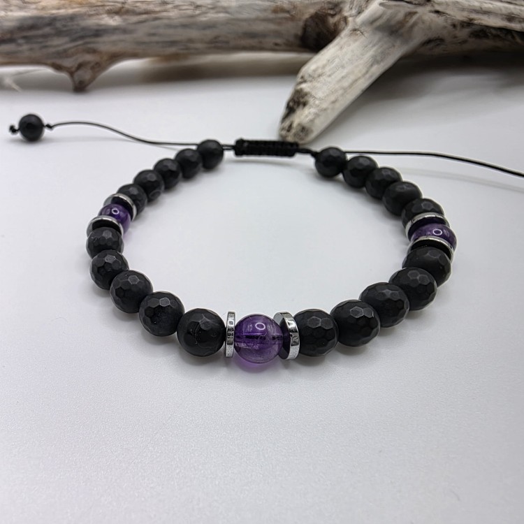 Bransoletka damska z kamieni naturalnych - onyks, ametyst, hematyt
