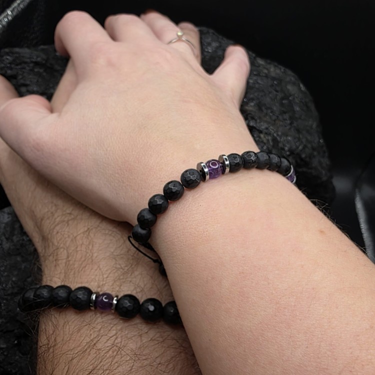 Bransoletka damska z kamieni naturalnych - onyks, ametyst, hematyt