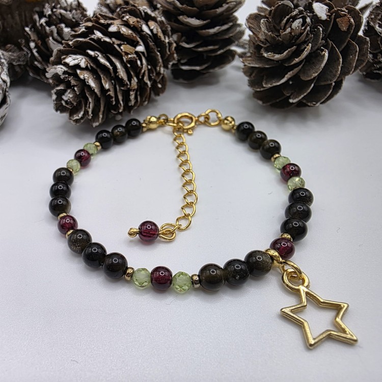 Bransoletka damska z kamieni naturalnych - obsydian, granat, oliwin, hematyt