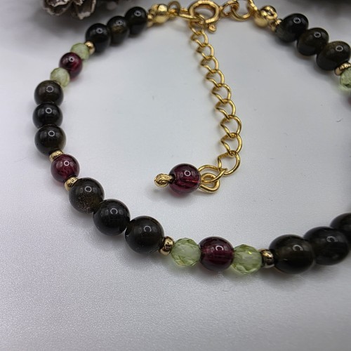 Bransoletka damska z kamieni naturalnych - obsydian, granat, oliwin, hematyt