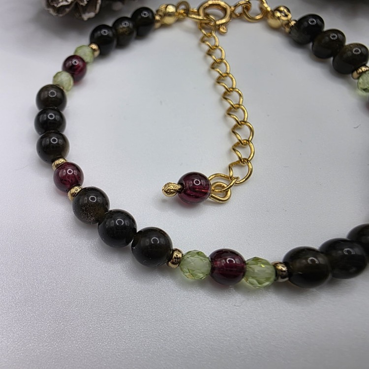 Bransoletka damska z kamieni naturalnych - obsydian, granat, oliwin, hematyt