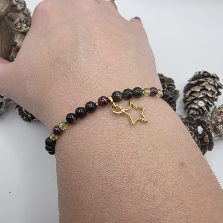 Bransoletka damska z kamieni naturalnych - obsydian, granat, oliwin, hematyt