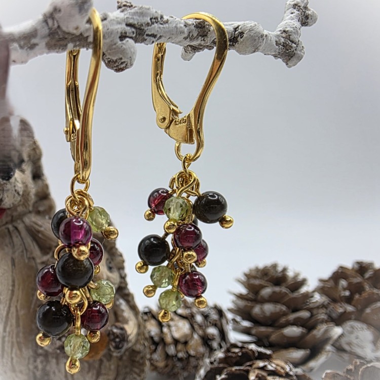 Kolczyki gronka z kamieni naturalnych - obsydian, granat, oliwin