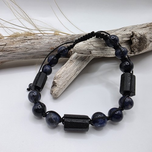 Bransoletka męska z kamieni naturalnych - czarny turmalin, sodalit