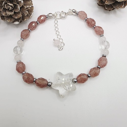Bransoletka z gwiazdką - kryształ górski, kwarc truskawkowy, kwarc różowy, hematyt