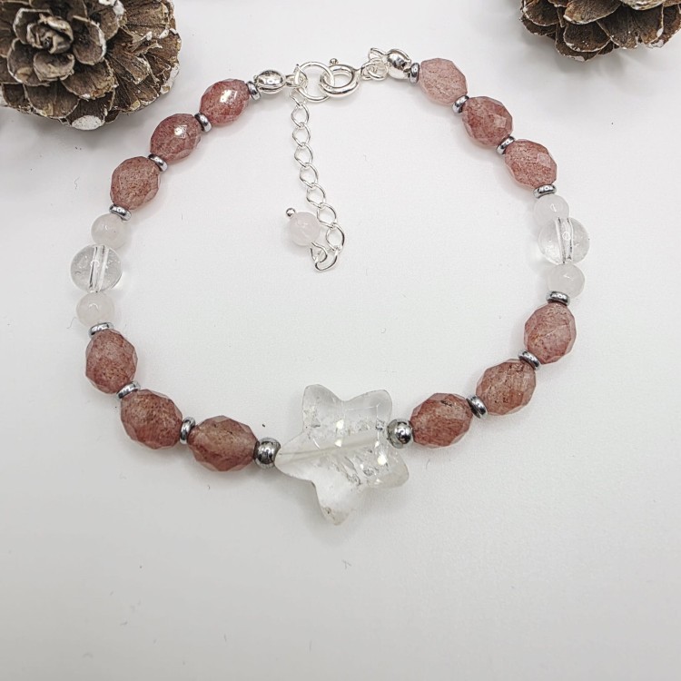 Bransoletka z gwiazdką - kryształ górski, kwarc truskawkowy, kwarc różowy, hematyt