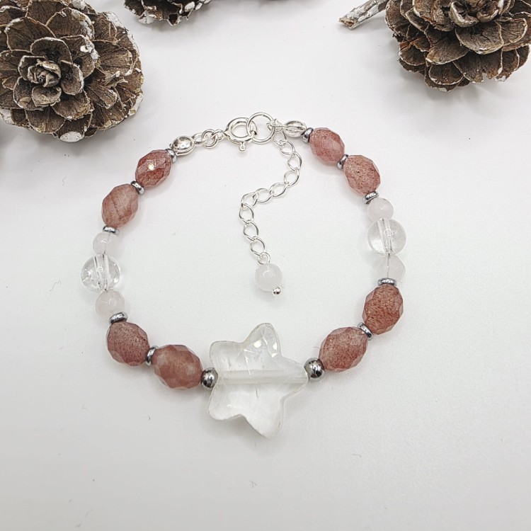 Bransoletka z gwiazdką - kryształ górski, kwarc truskawkowy, kwarc różowy, hematyt