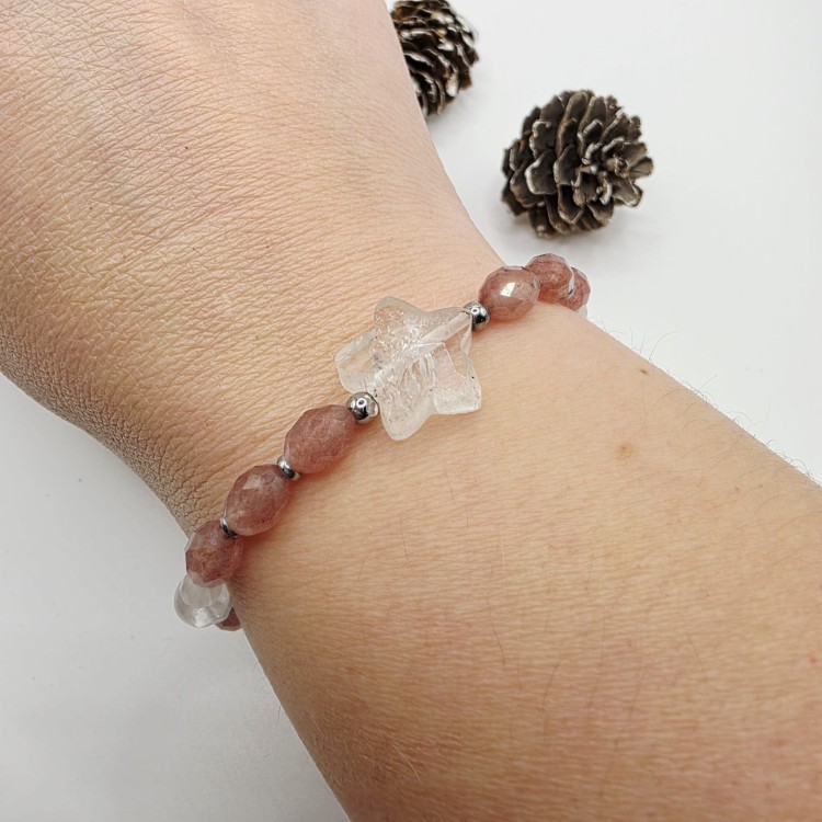 Bransoletka z gwiazdką - kryształ górski, kwarc truskawkowy, kwarc różowy, hematyt