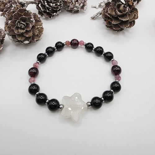 Bransoletka z gwiazdką - kryształ górski, czarny turmalin, różowy turmalin, granat, hematyt