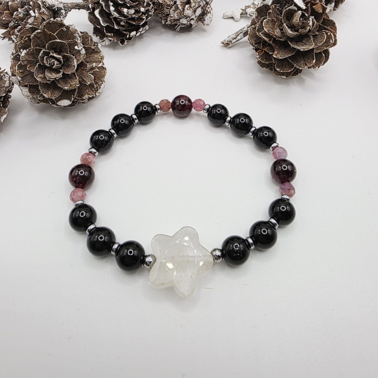 Bransoletka z gwiazdką - kryształ górski, czarny turmalin, różowy turmalin, granat, hematyt